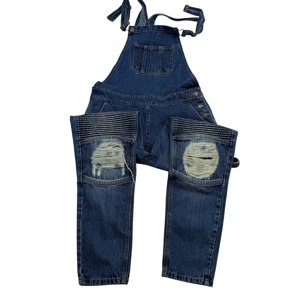 BoohooMAN Men's Blue Denim Distressed Ripped Knee Overalls Size S 32x32